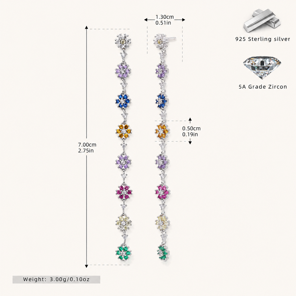 Sterling Silver Colorful Flower Chain Drop Stud Earrings - Platinum / White