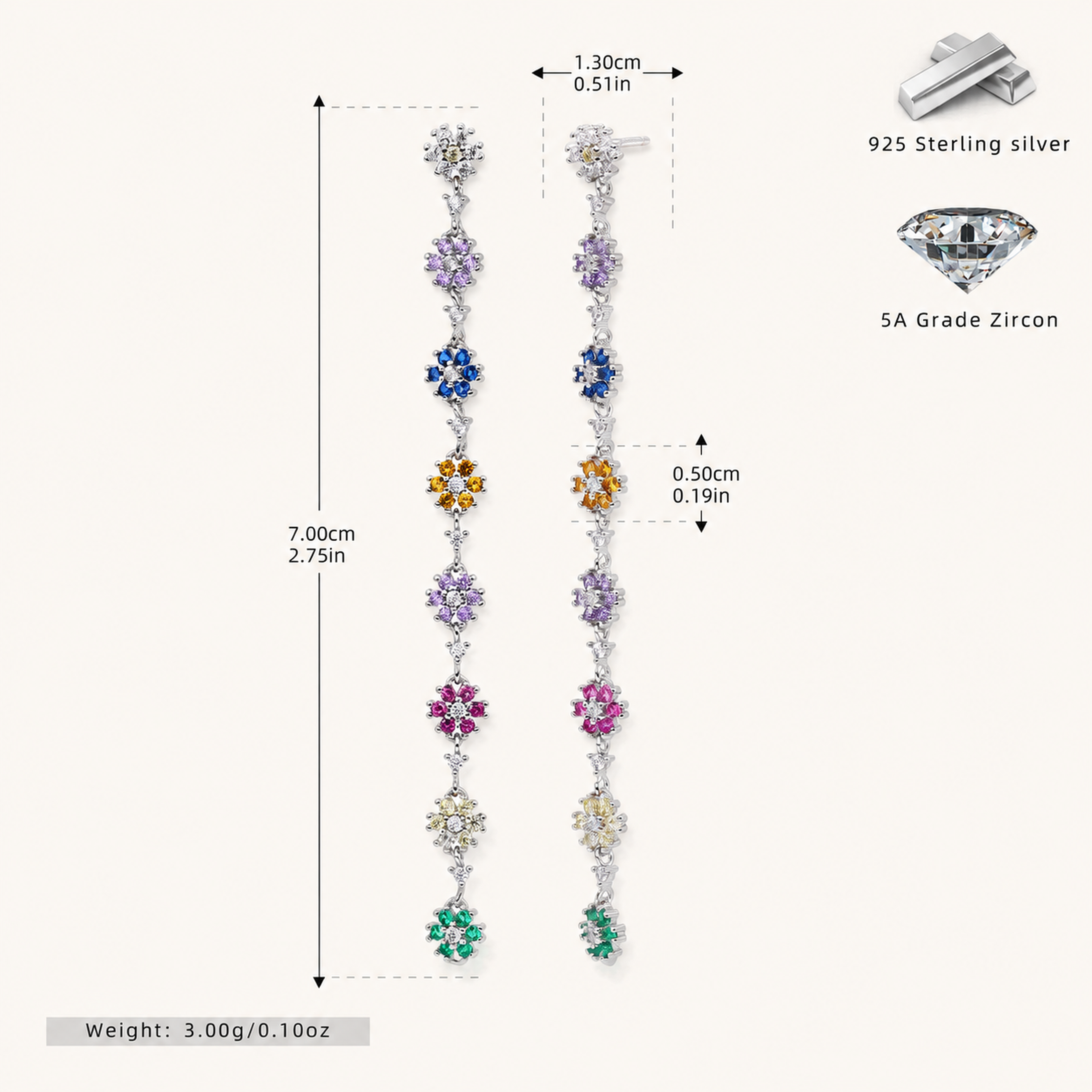 Sterling Silver Colorful Flower Chain Drop Stud Earrings - Platinum / White