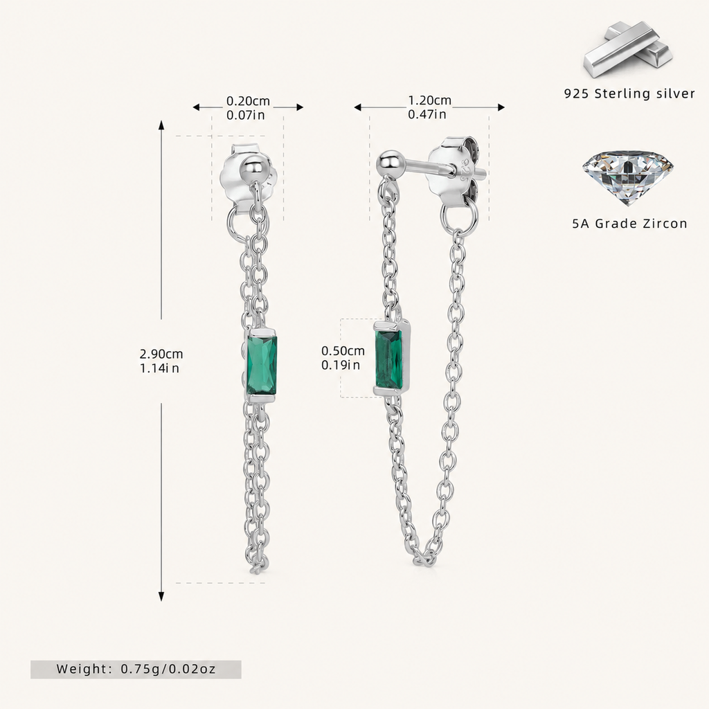 Sterling Silver Multicolor Zirconia Chain Drop Stud Earrings - Platinum / Green