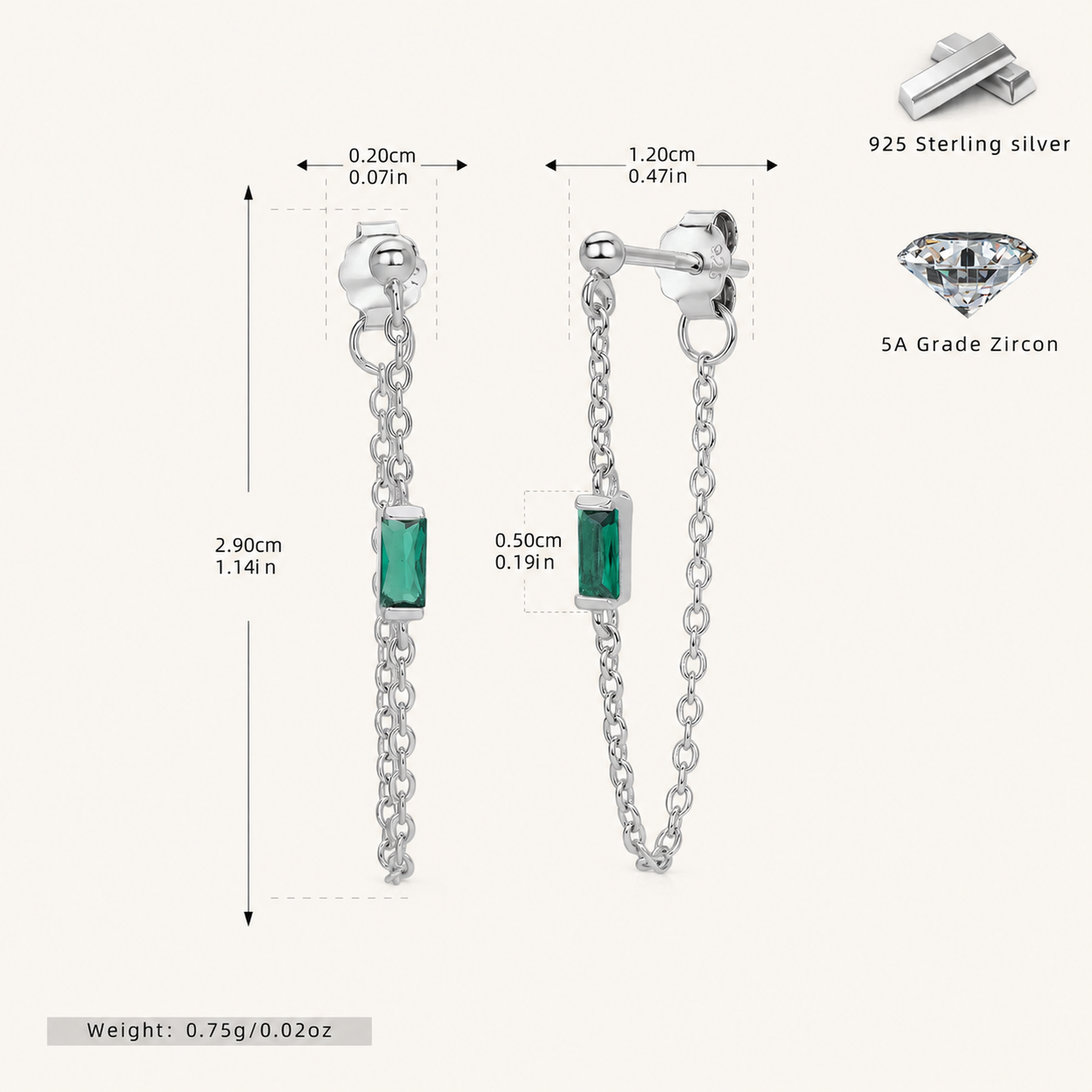 Sterling Silver Multicolor Zirconia Chain Drop Stud Earrings - Platinum / Green