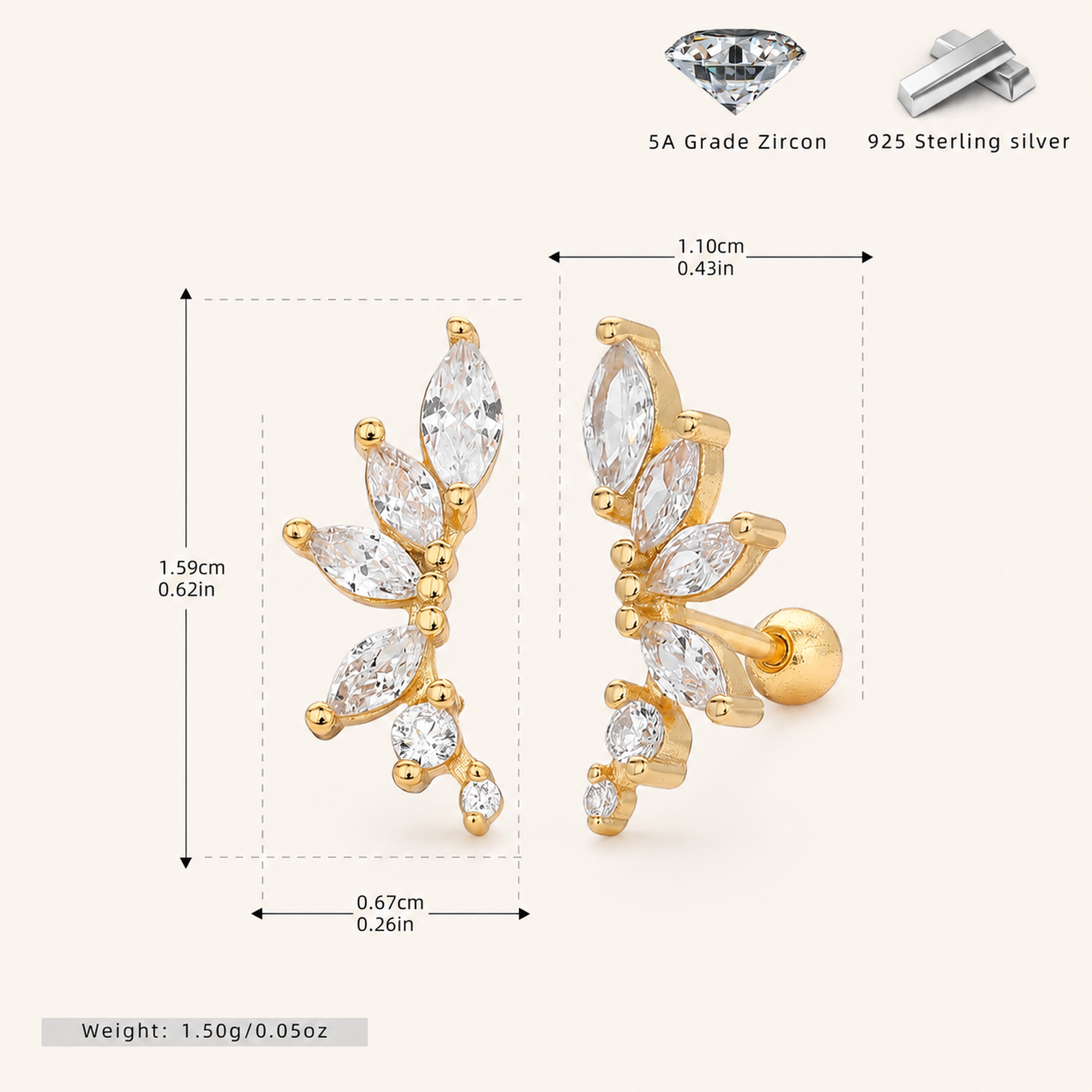 Sterling Silver Zirconia Ball Flat Back Earrings - Gold