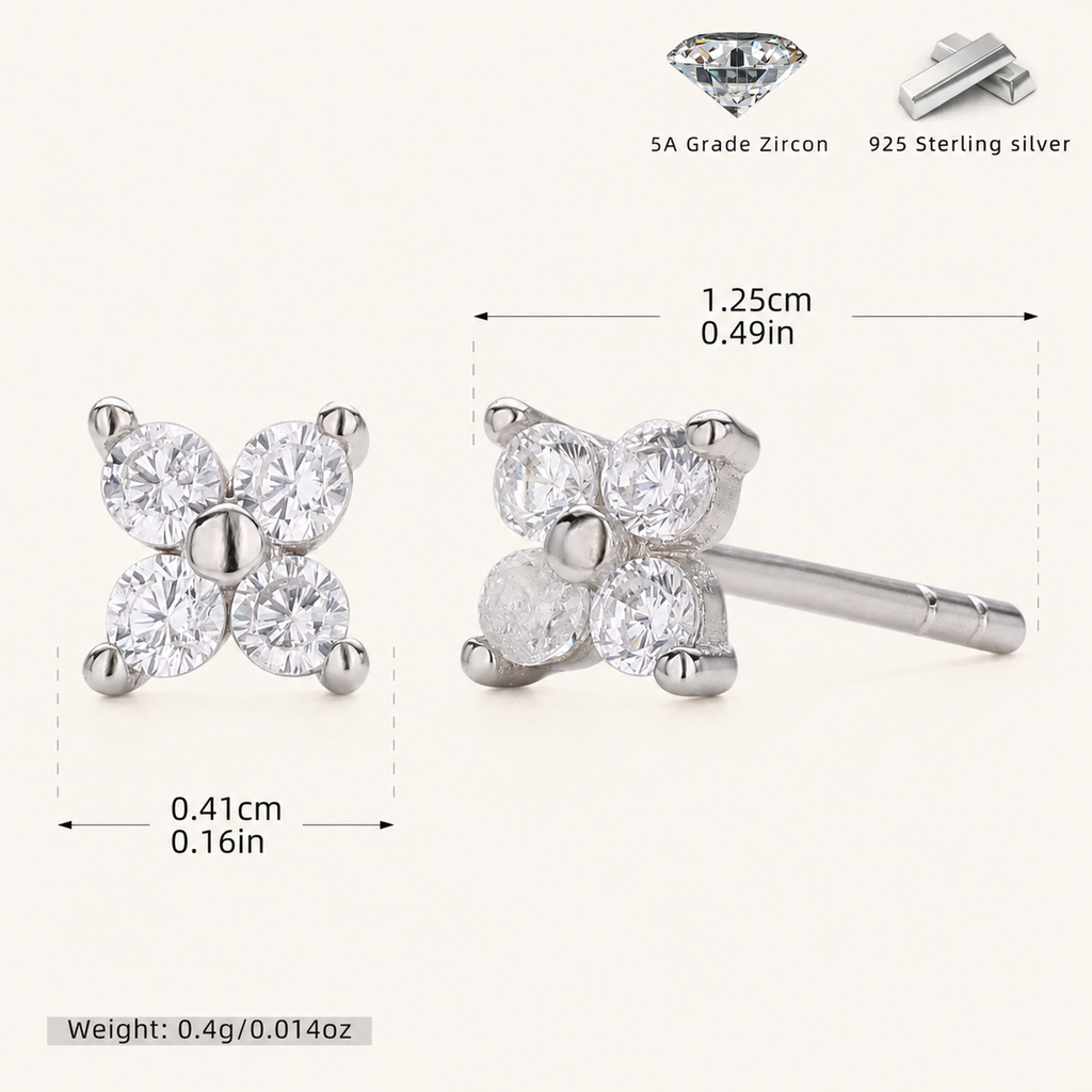 Sterling Silver Four-Petal Flower Stud Earrings - Platinum / White