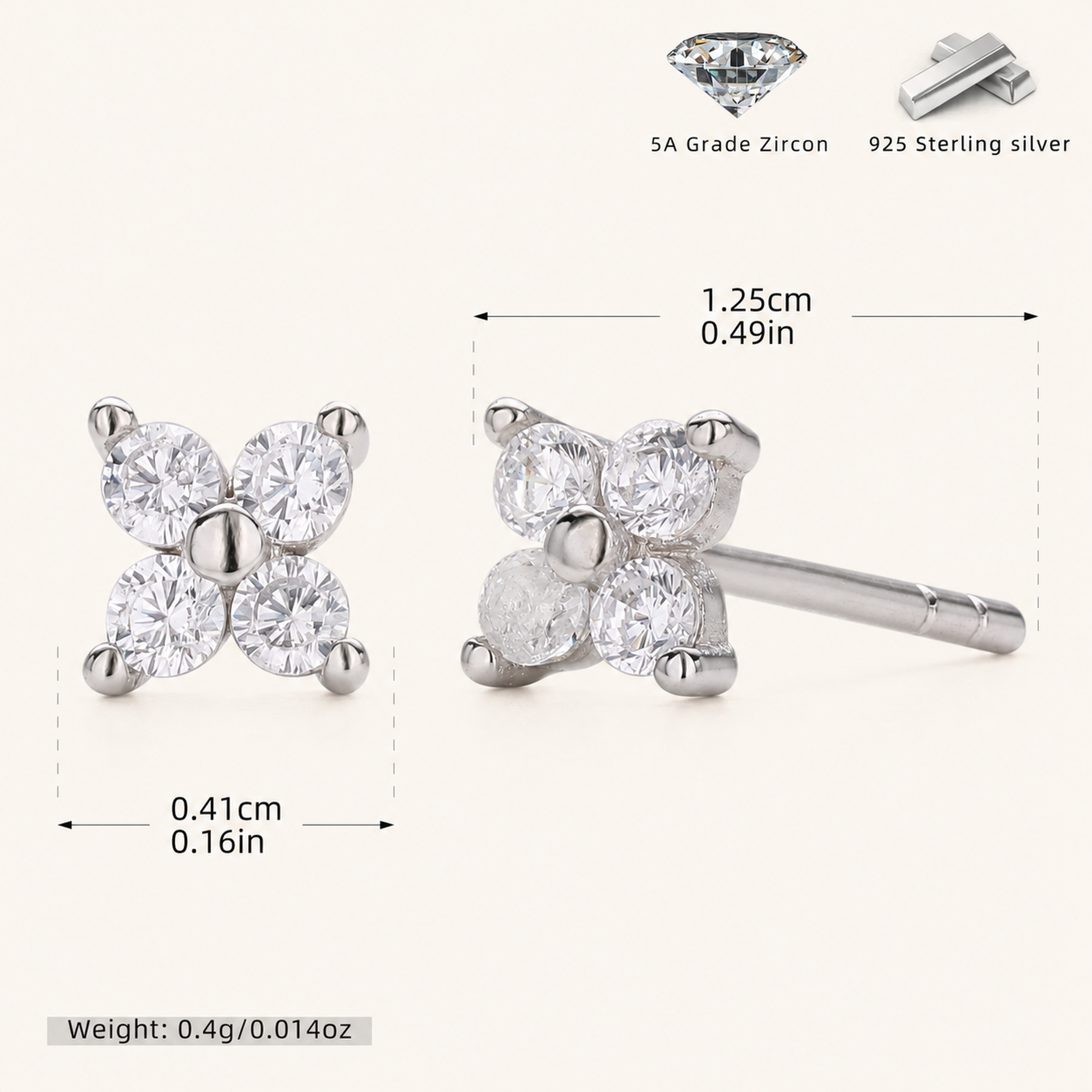 Sterling Silver Four-Petal Flower Stud Earrings - Platinum / White