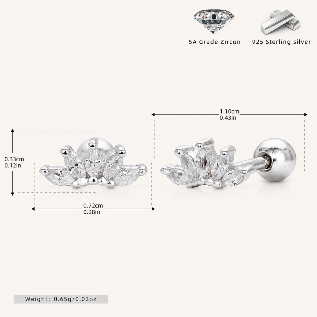Sterling Silver Zirconia Crown Flat Back Earrings - Platinum