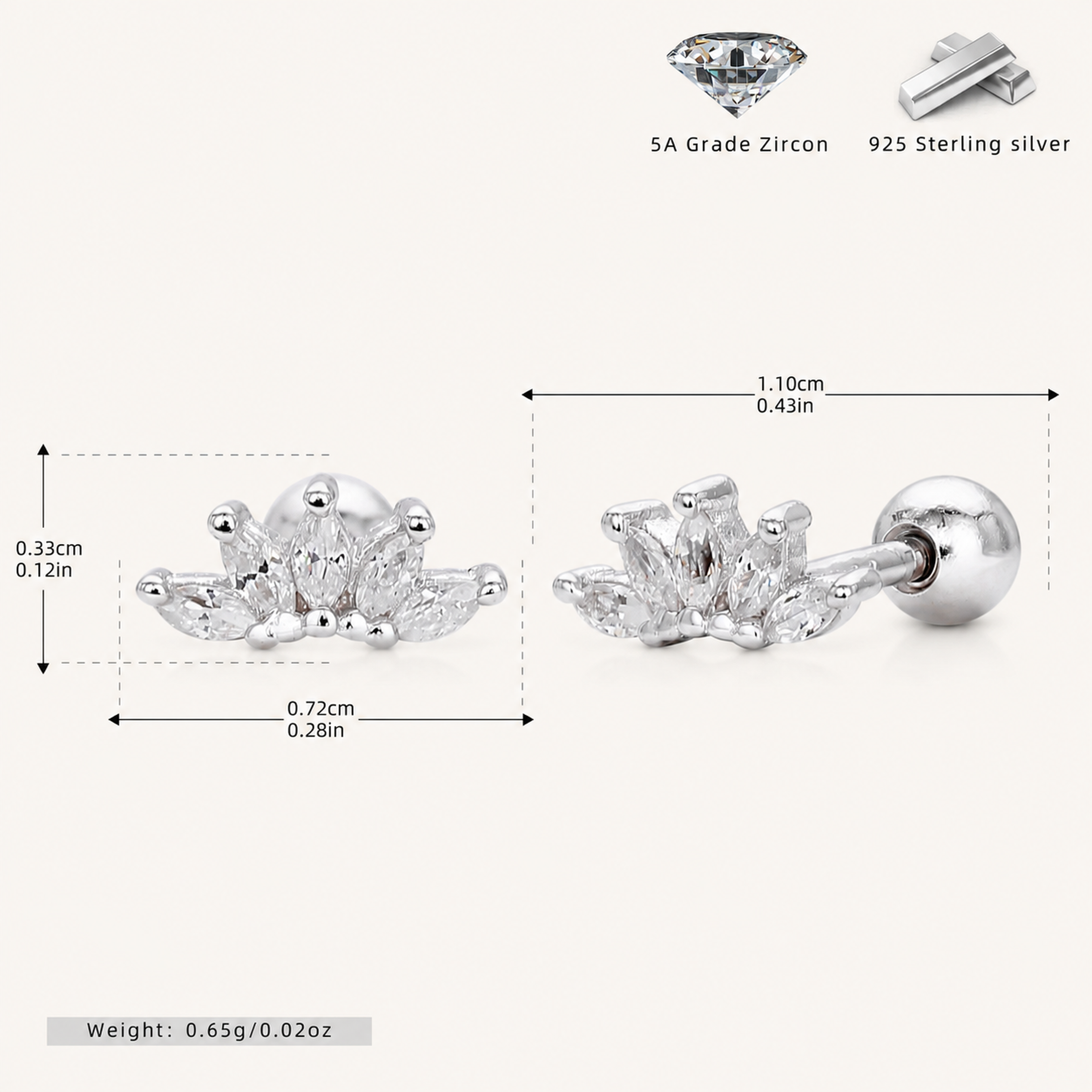 Sterling Silver Zirconia Crown Flat Back Earrings - Platinum