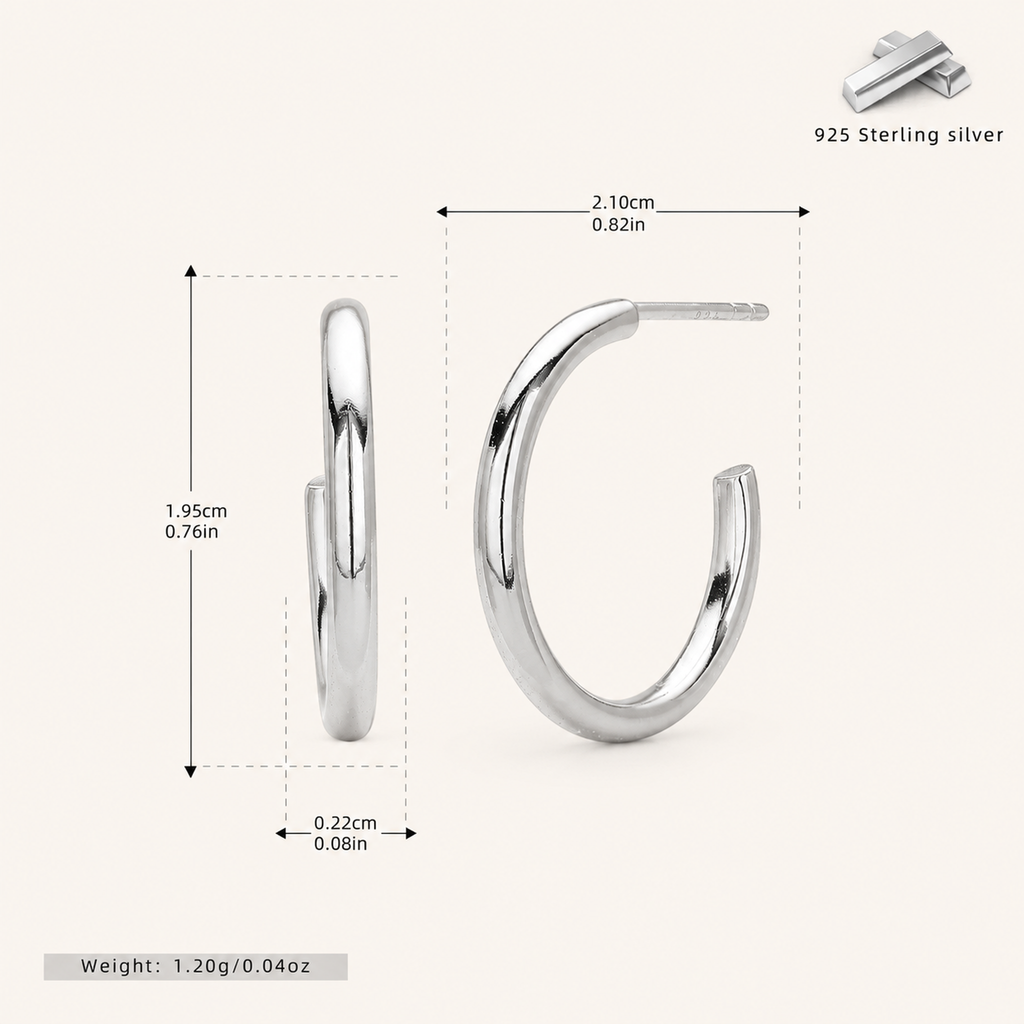 Sterling Silver Polished Round Hoop Earrings - Platinum / 15mm