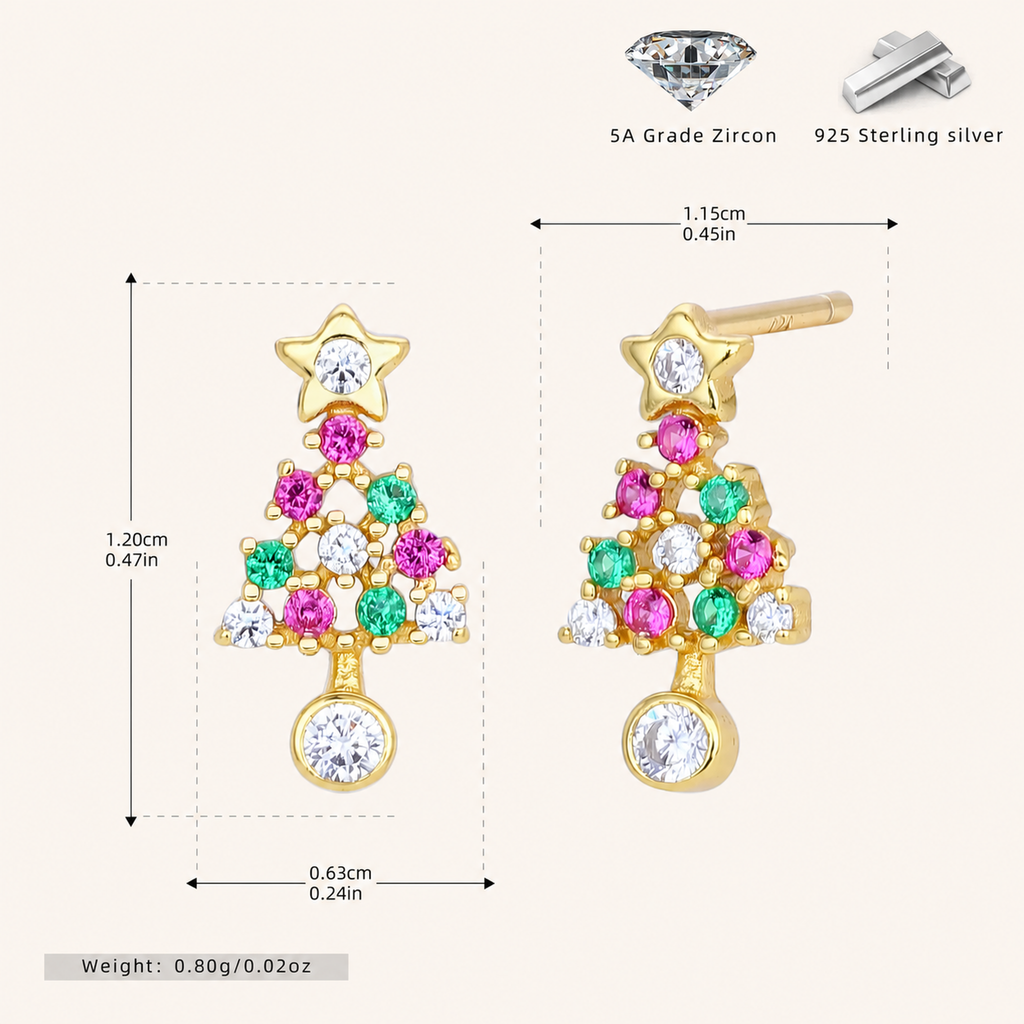 Sterling Silver Christmas Tree Zirconia Stud Earrings - Gold