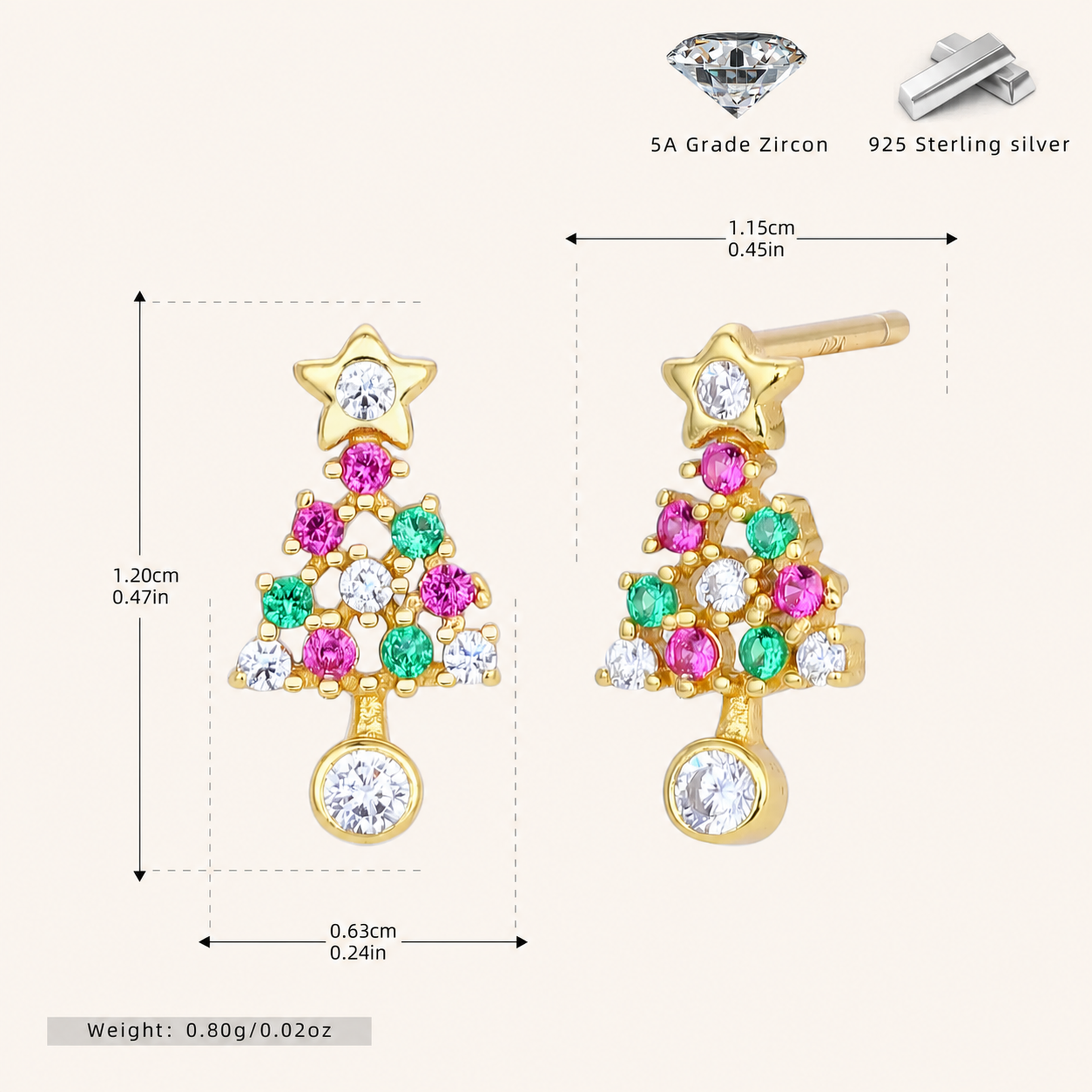 Sterling Silver Christmas Tree Zirconia Stud Earrings - Gold