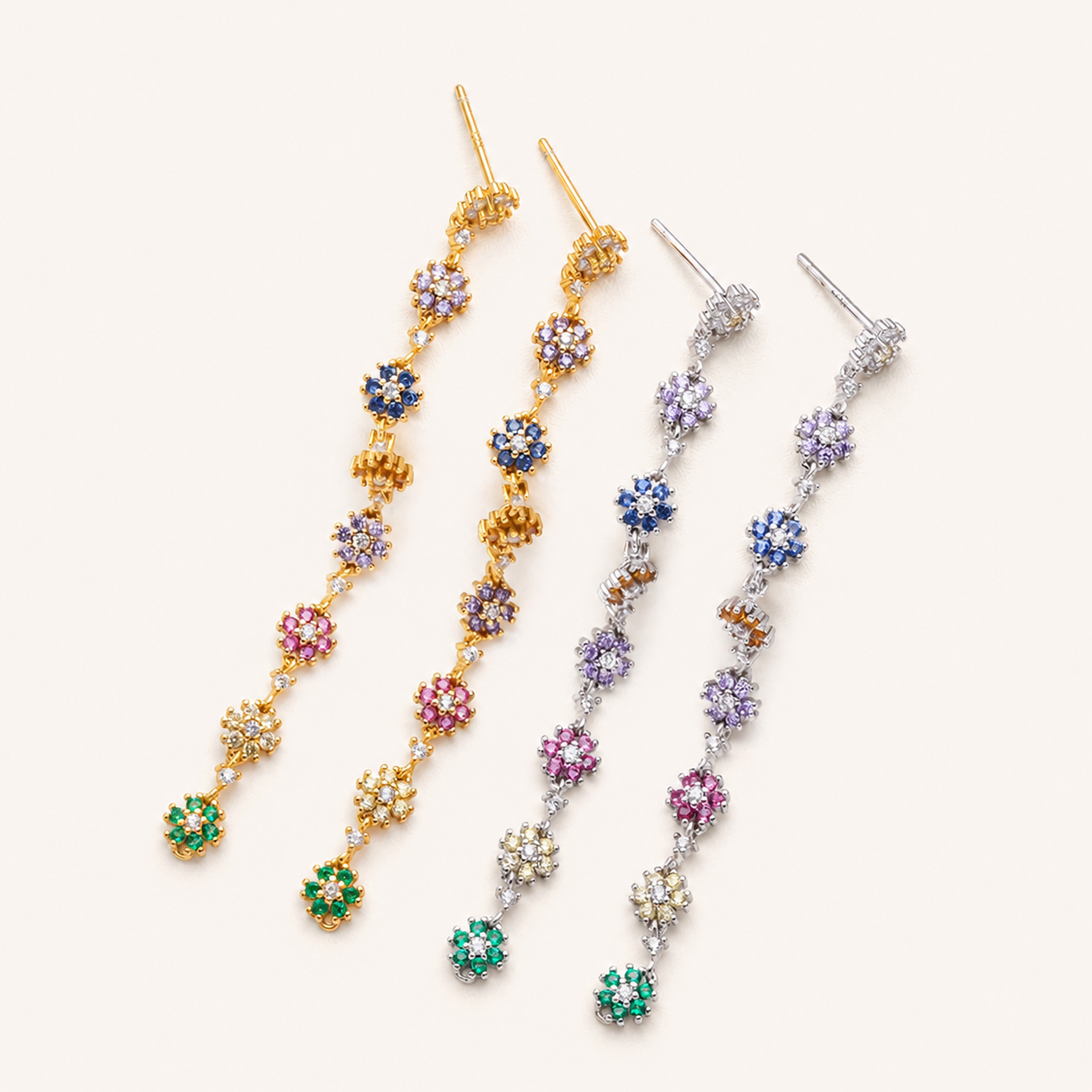 Sterling Silver Colorful Flower Chain Drop Stud Earrings detail view