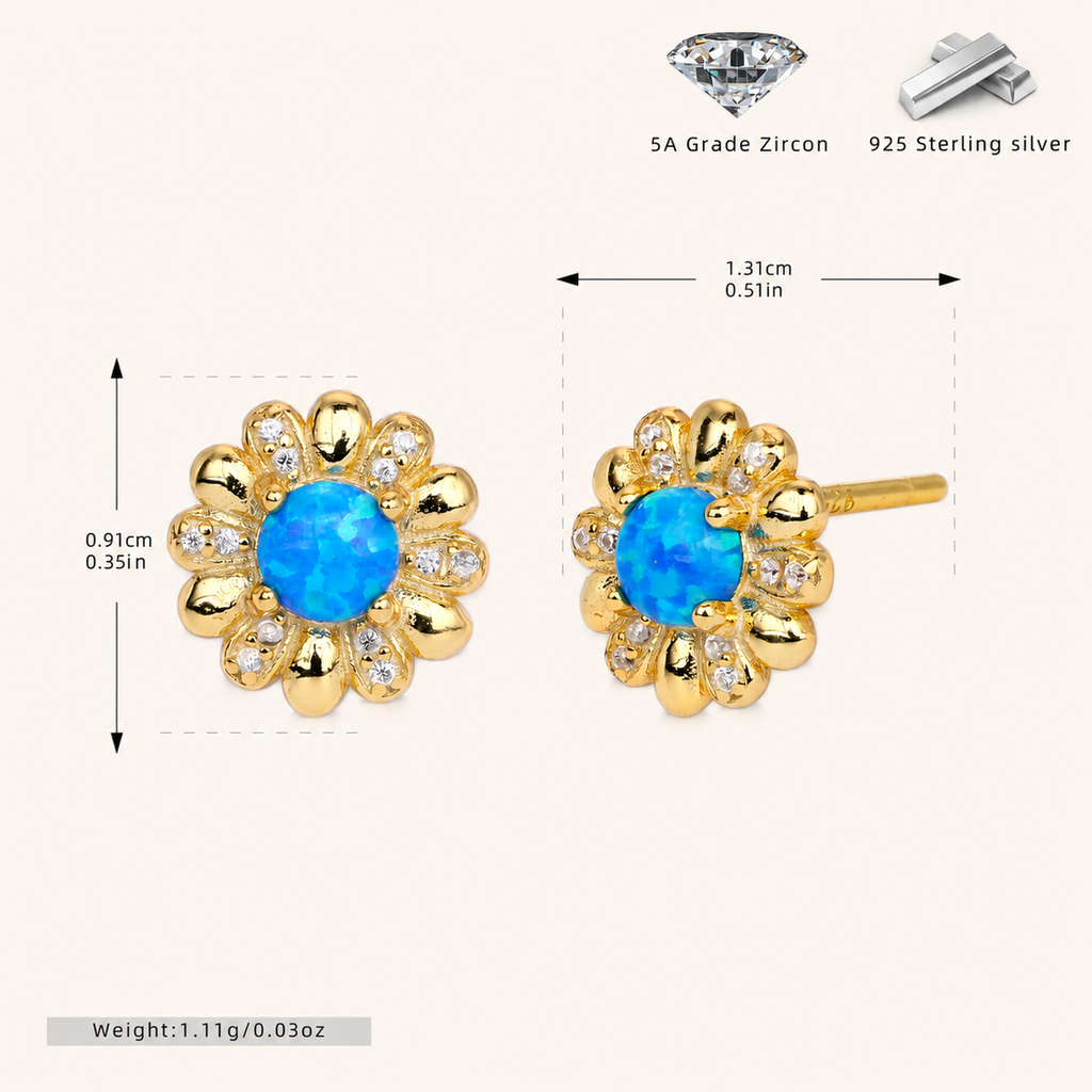 Sterling Silver Opal Flower Stud Earrings - Gold / Blue Opal