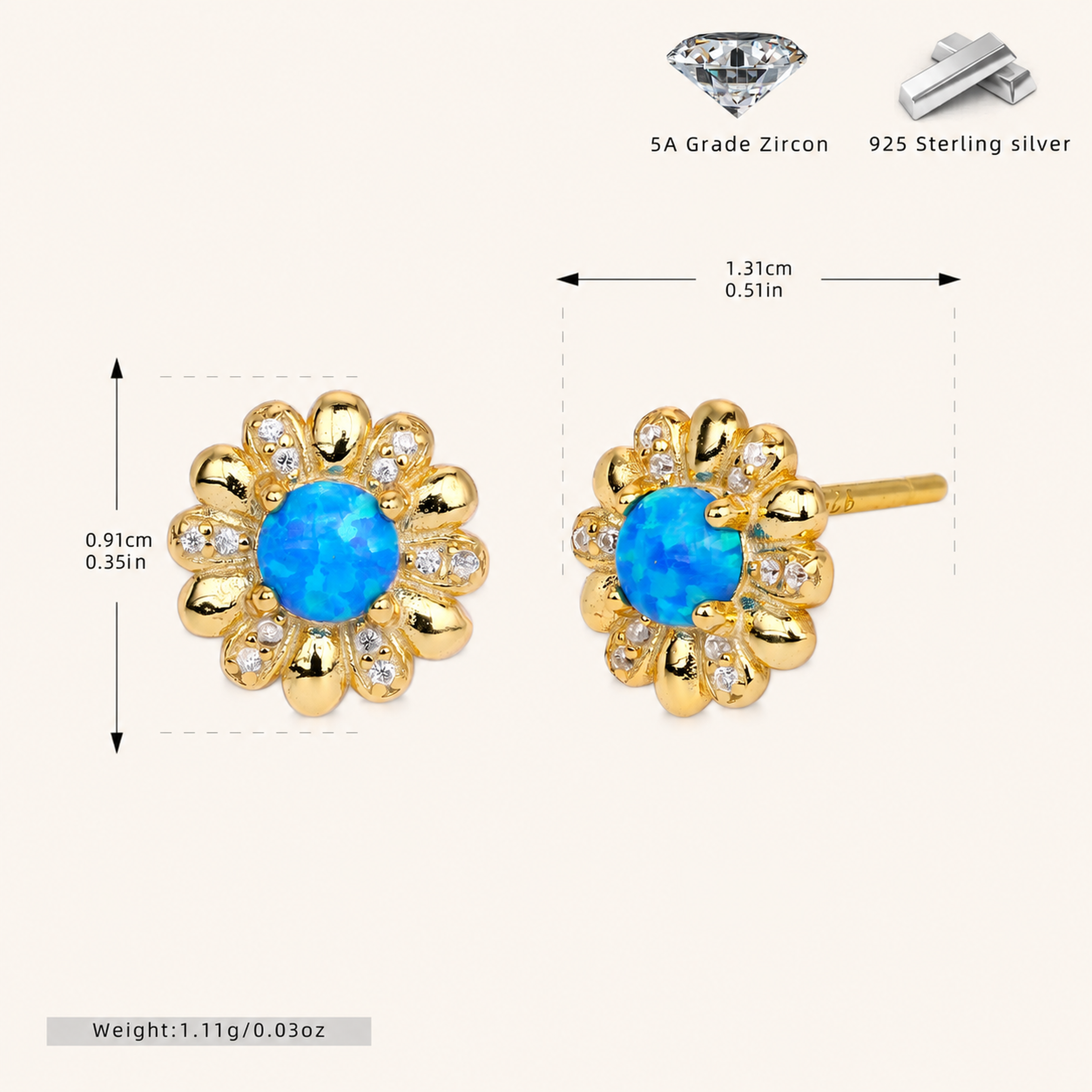 Sterling Silver Opal Flower Stud Earrings - Gold / Blue Opal