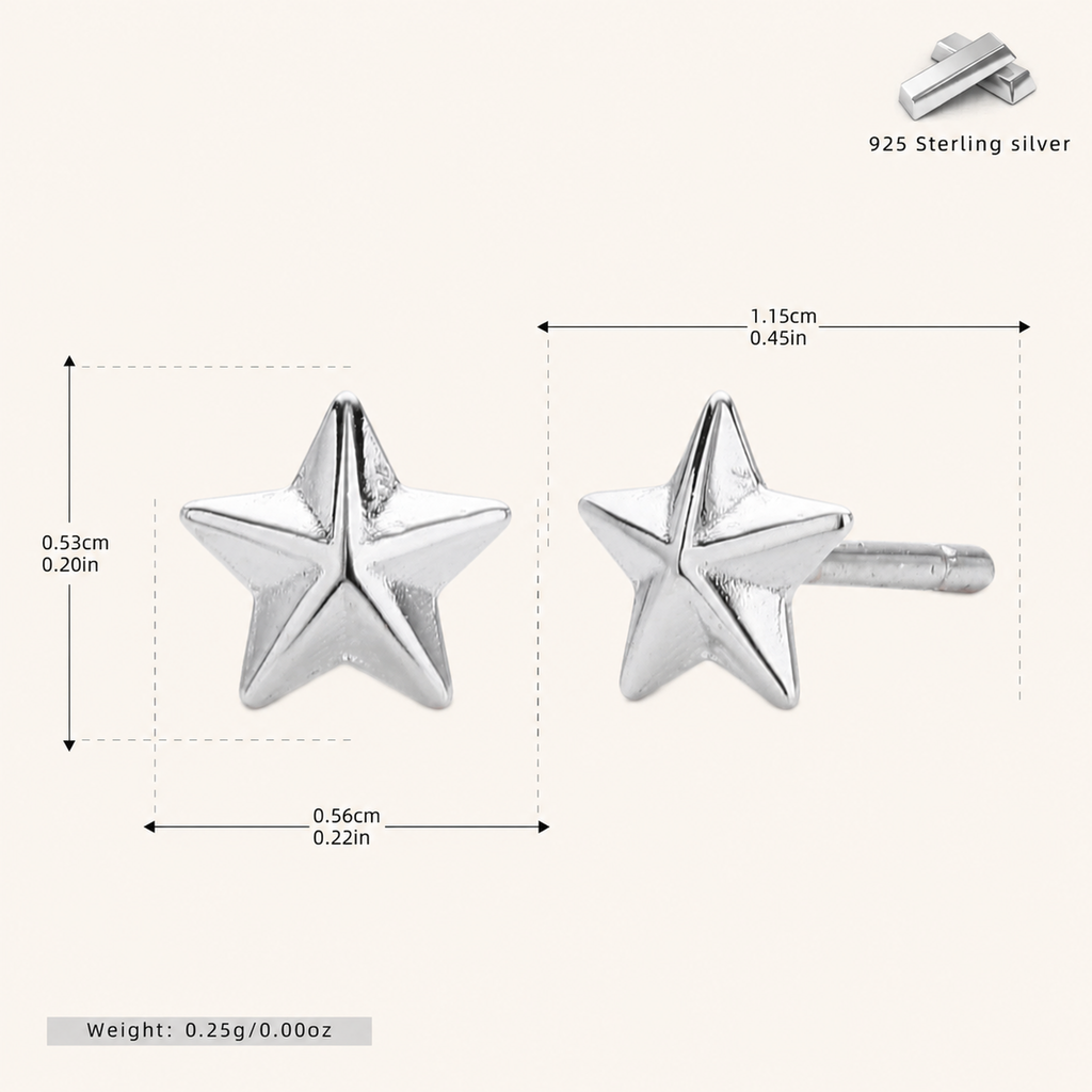 Sterling Silver Polished Five-Point Star Stud Earrings - Platinum