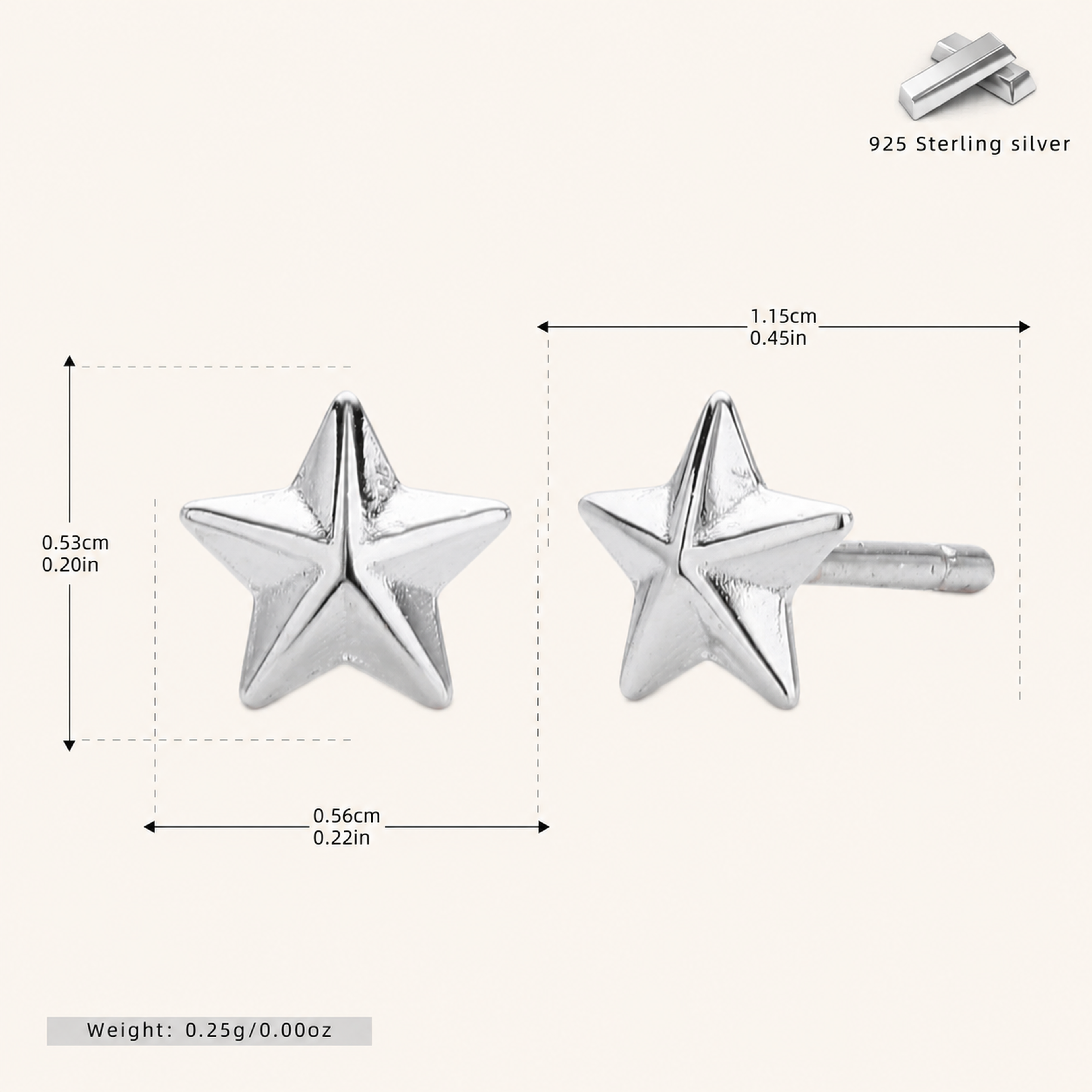 Sterling Silver Polished Five-Point Star Stud Earrings - Platinum