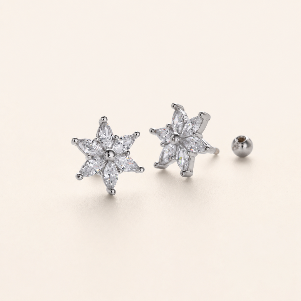 Sterling Silver Zirconia Flower Flat Back Earrings detail view