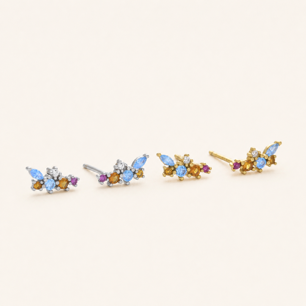 Sterling Silver Colorful Zirconia Geometric Stud Earrings detail