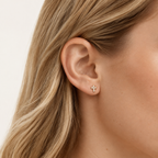 Sterling Silver Cross Zirconia Flat Back Earrings worn on the ear