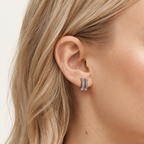 Sterling Silver Double Arc C-Shape Zirconia Stud Earrings worn on the ear