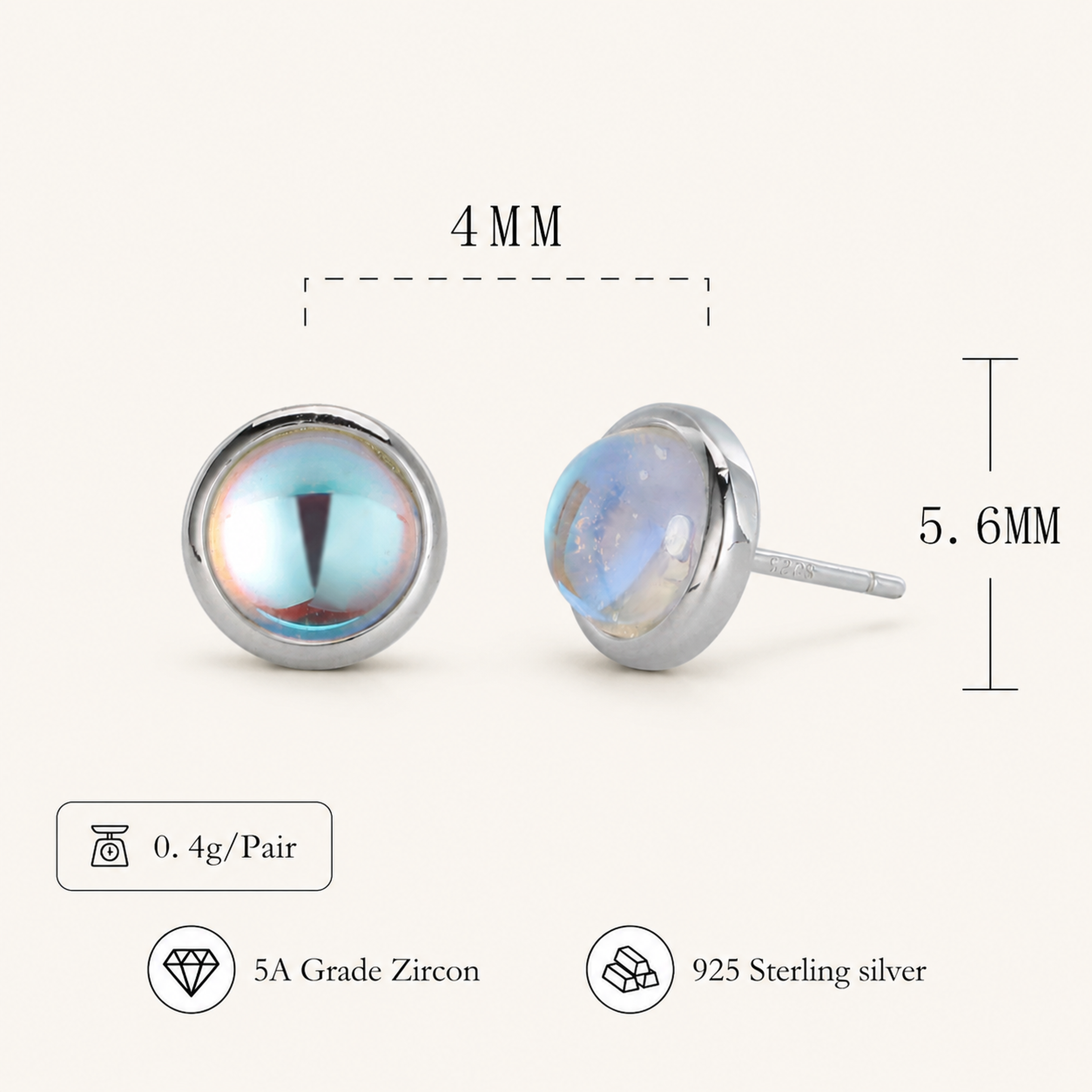 Sterling Silver Moonstone Stud Earrings - Platinum / 4mm