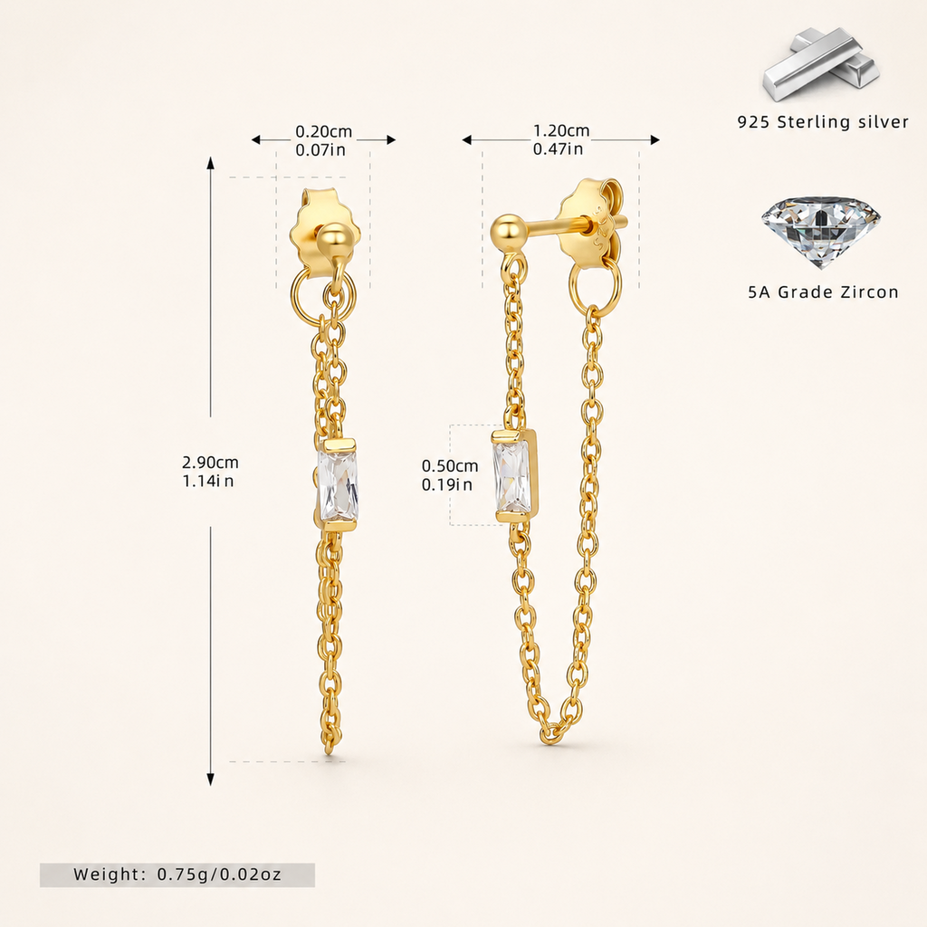 Sterling Silver Multicolor Zirconia Chain Drop Stud Earrings - Gold / White