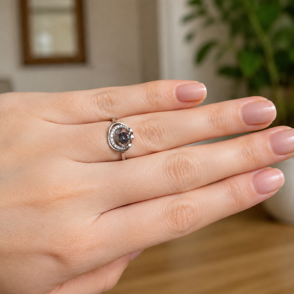 Gilded Orbit Lab-Grown Alexandrite Ring worn on hand