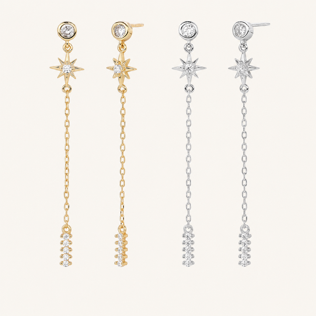 Sterling Silver Zirconia Tassel Chain Drop Stud Earrings