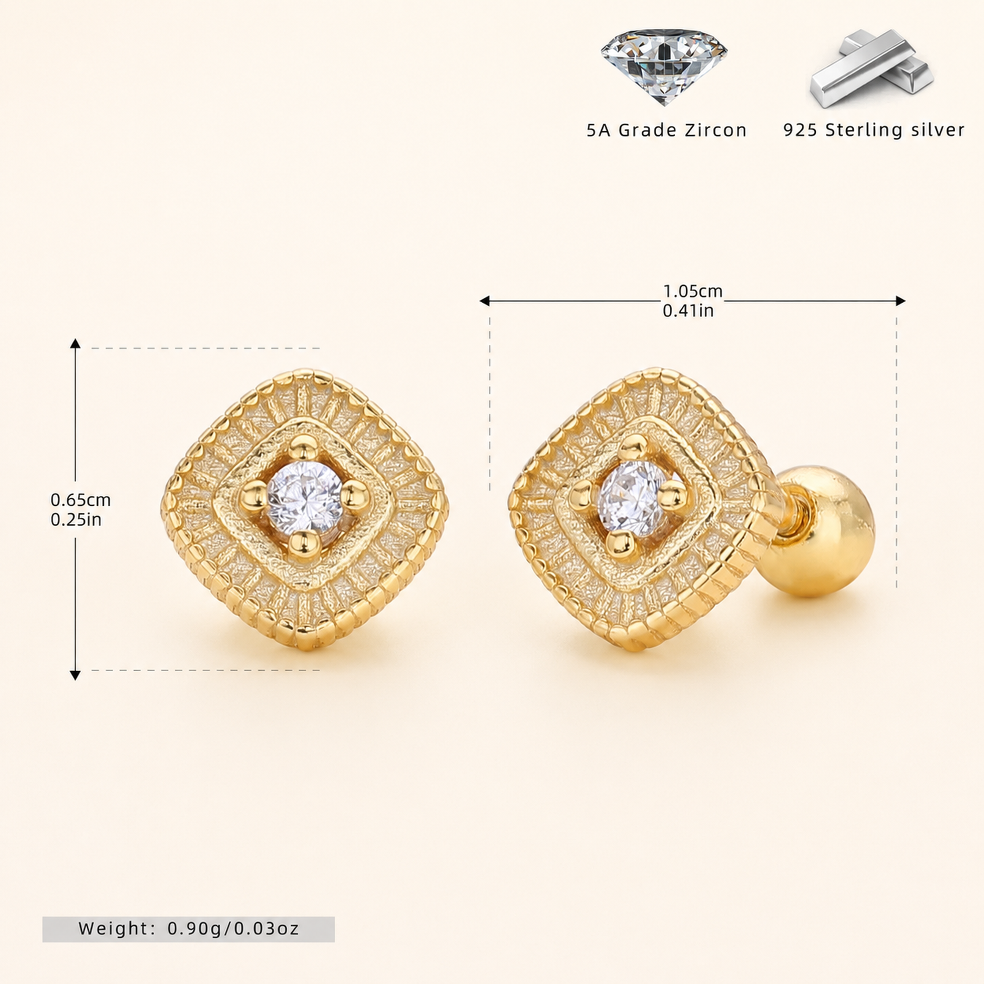 Sterling Silver French Zirconia Flat Back Earrings - Gold