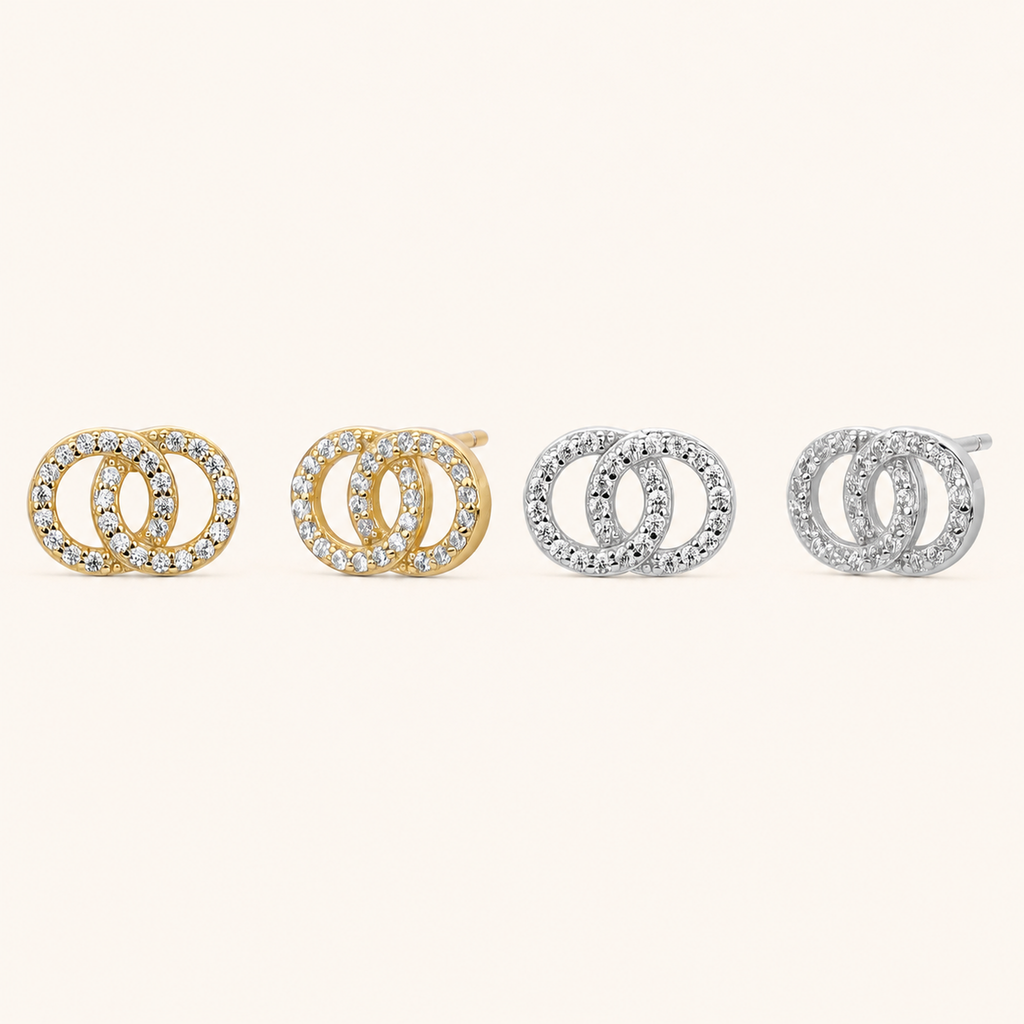 Sterling Silver Double Ring Zirconia Wrap Stud Earrings
