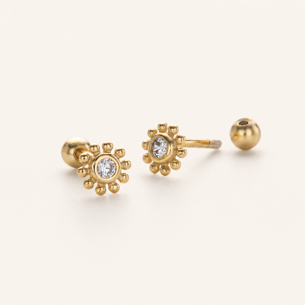 Sterling Silver Sunflower Zirconia Flat Back Earrings detail