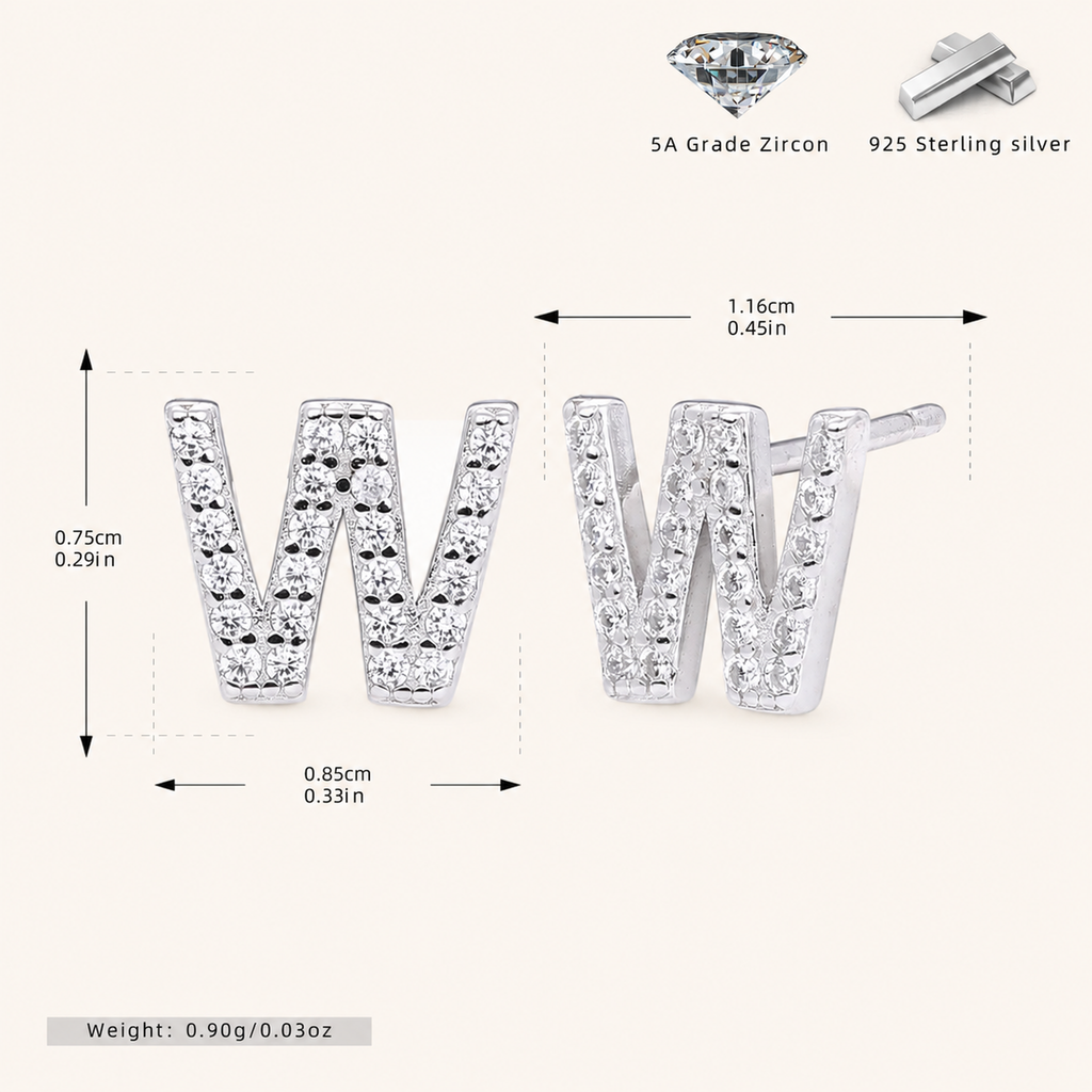 Sterling Silver Pave Initial Letter Stud Earrings - Platinum / W