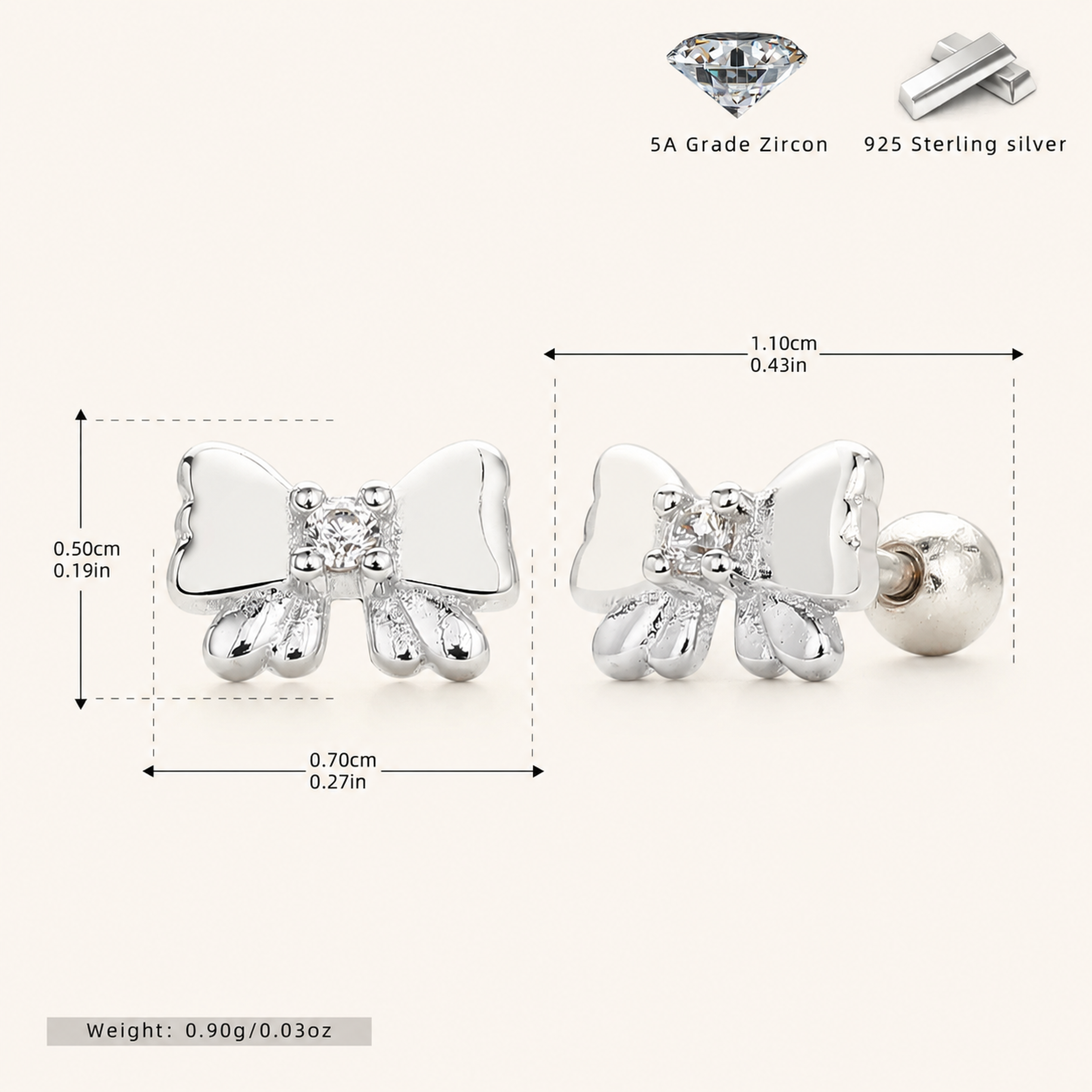 Sterling Silver Zirconia Bow Flat Back Earrings - Platinum