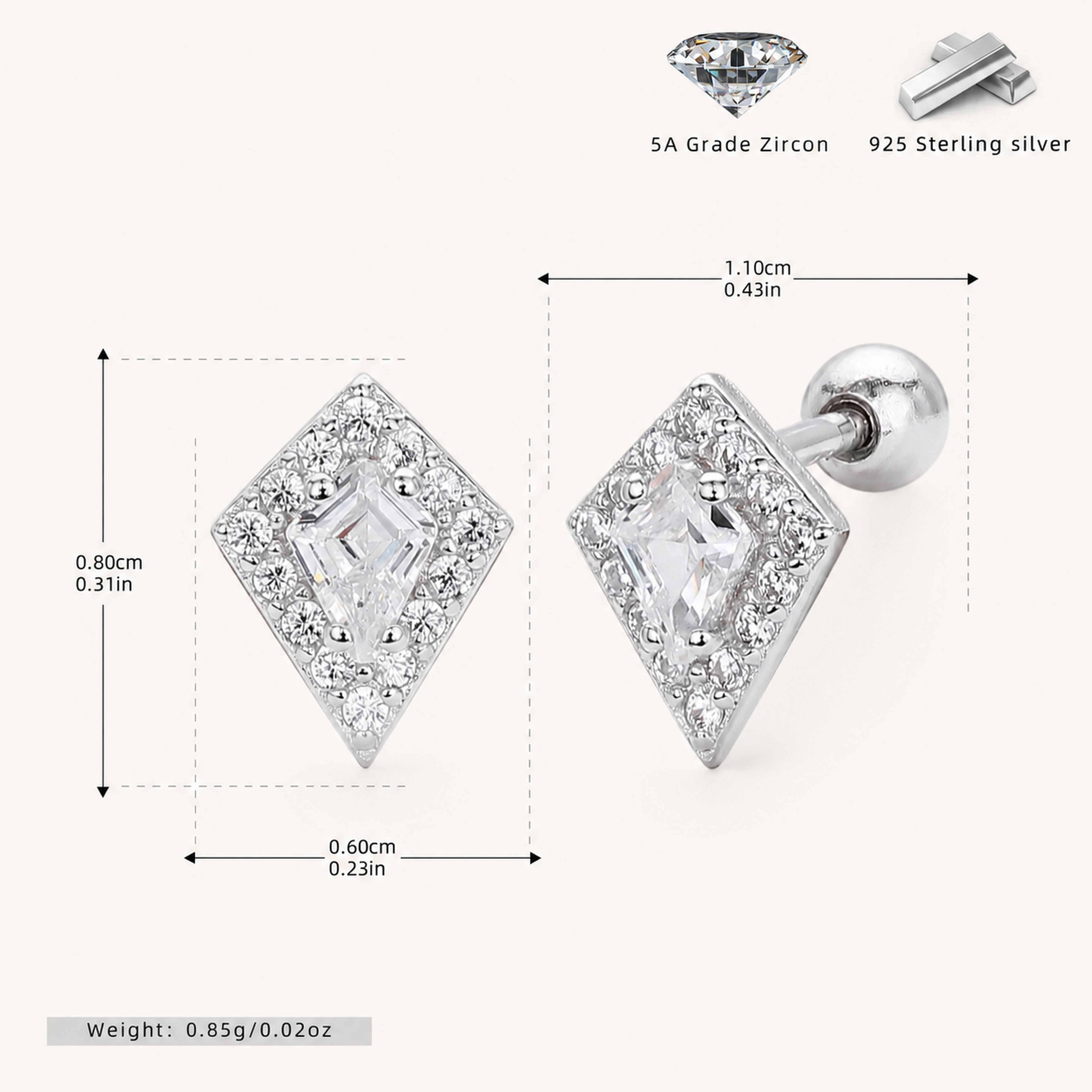 Sterling Silver Rhombus Zirconia Flat Back Earrings - Platinum