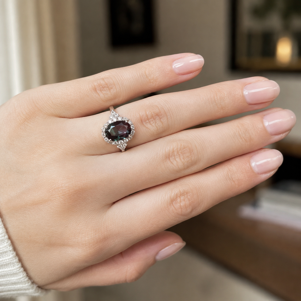 Duskfall Lab-Grown Alexandrite Ring worn on hand