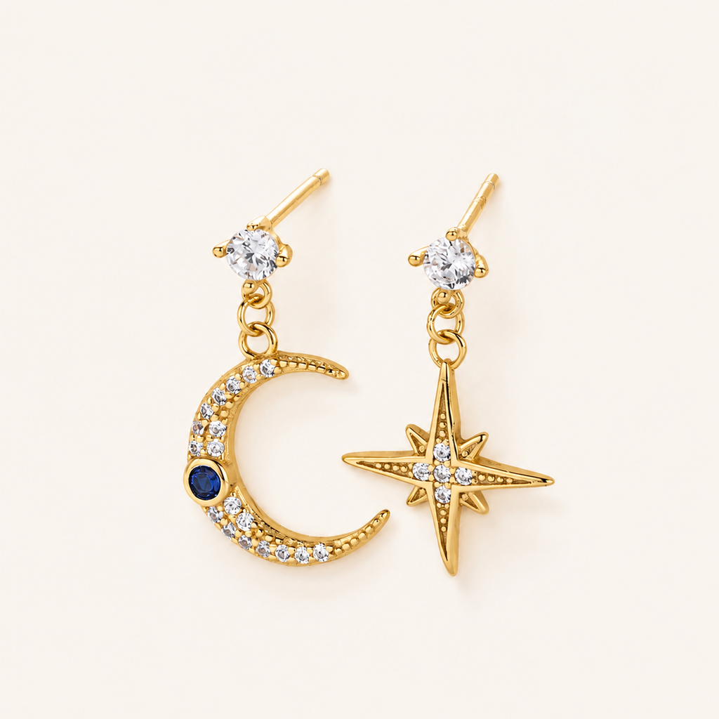 Sterling Silver Star and Moon Chain Drop Stud Earrings detail