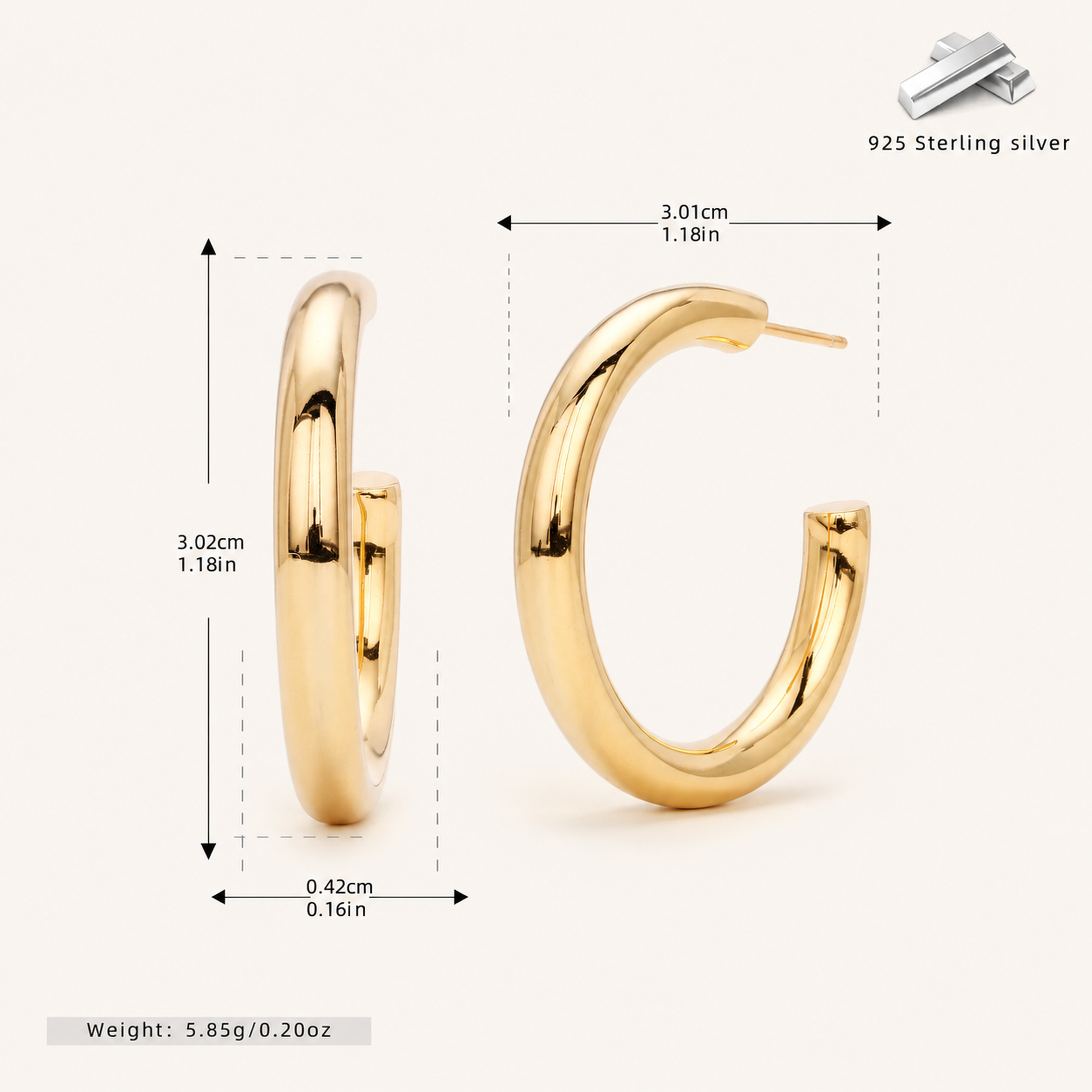 Sterling Silver Polished C-Shape Hoop Earrings - Gold / 30mm