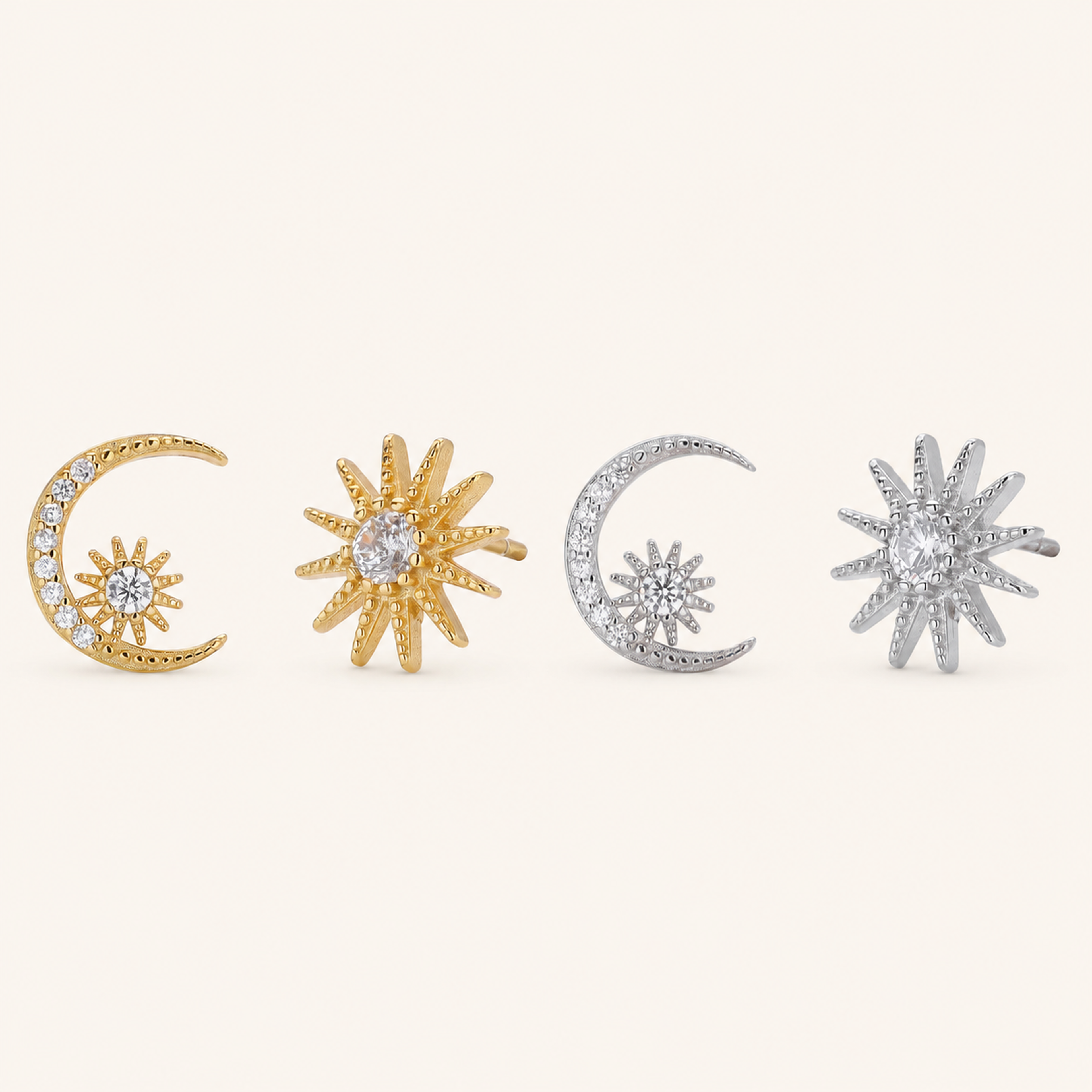 Sterling Silver Zirconia Star and Moon Stud Earrings