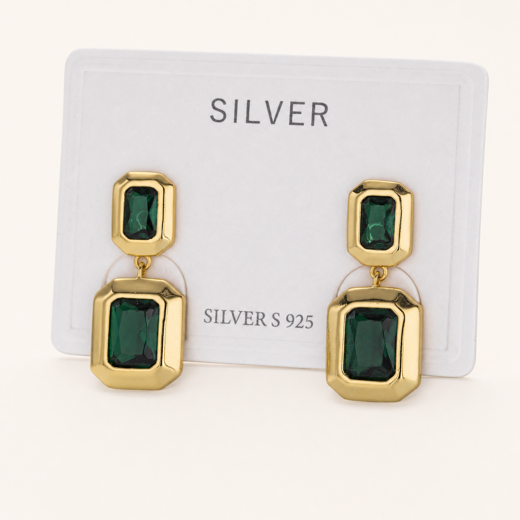 Sterling Silver Emerald-Green Geometric Stud Earrings detail view
