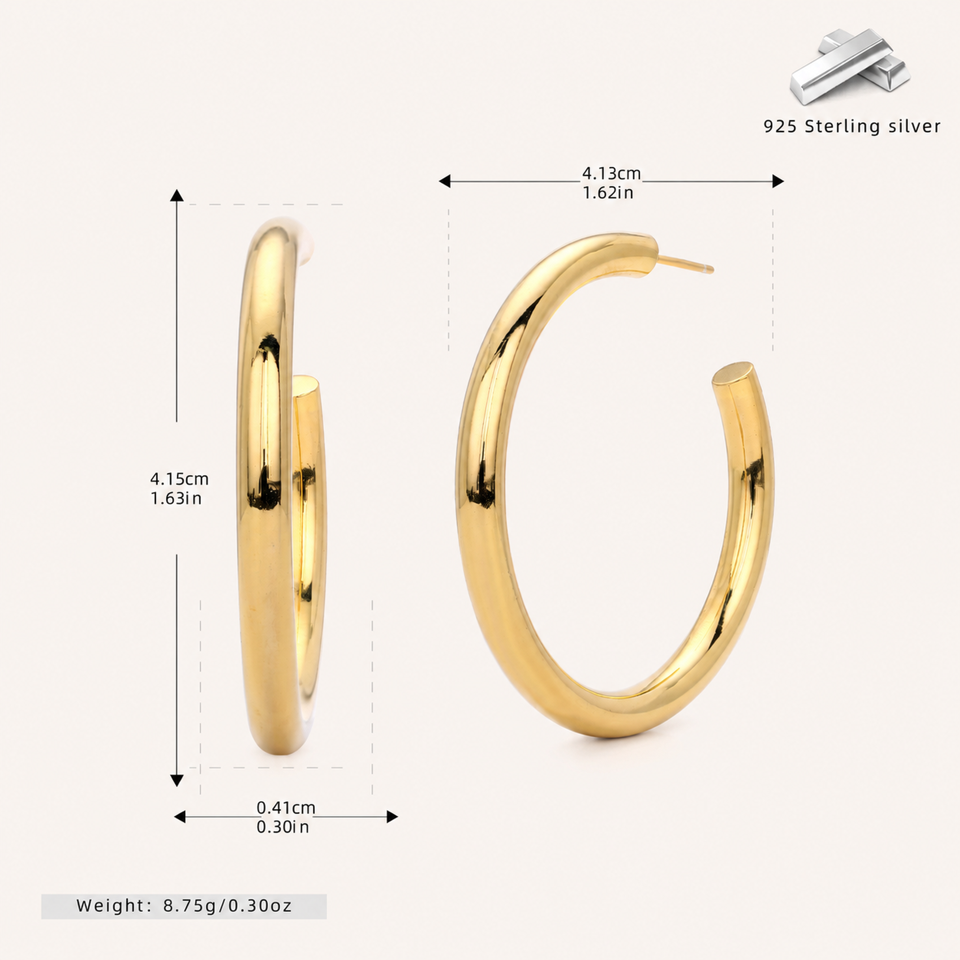 Sterling Silver Polished C-Shape Hoop Earrings - Gold / 40mm