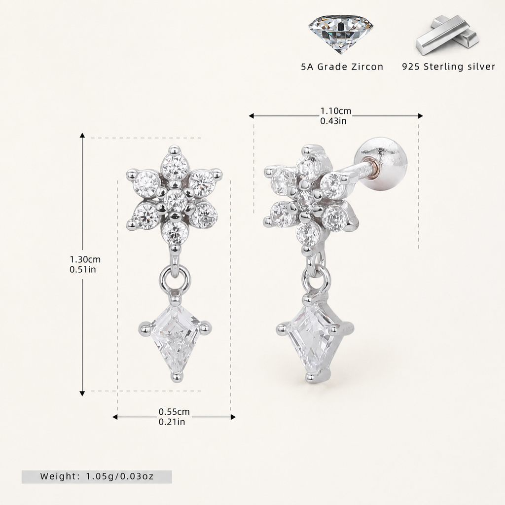 Sterling Silver Flower Zirconia Chain Drop Flat Back Earrings - Platinum