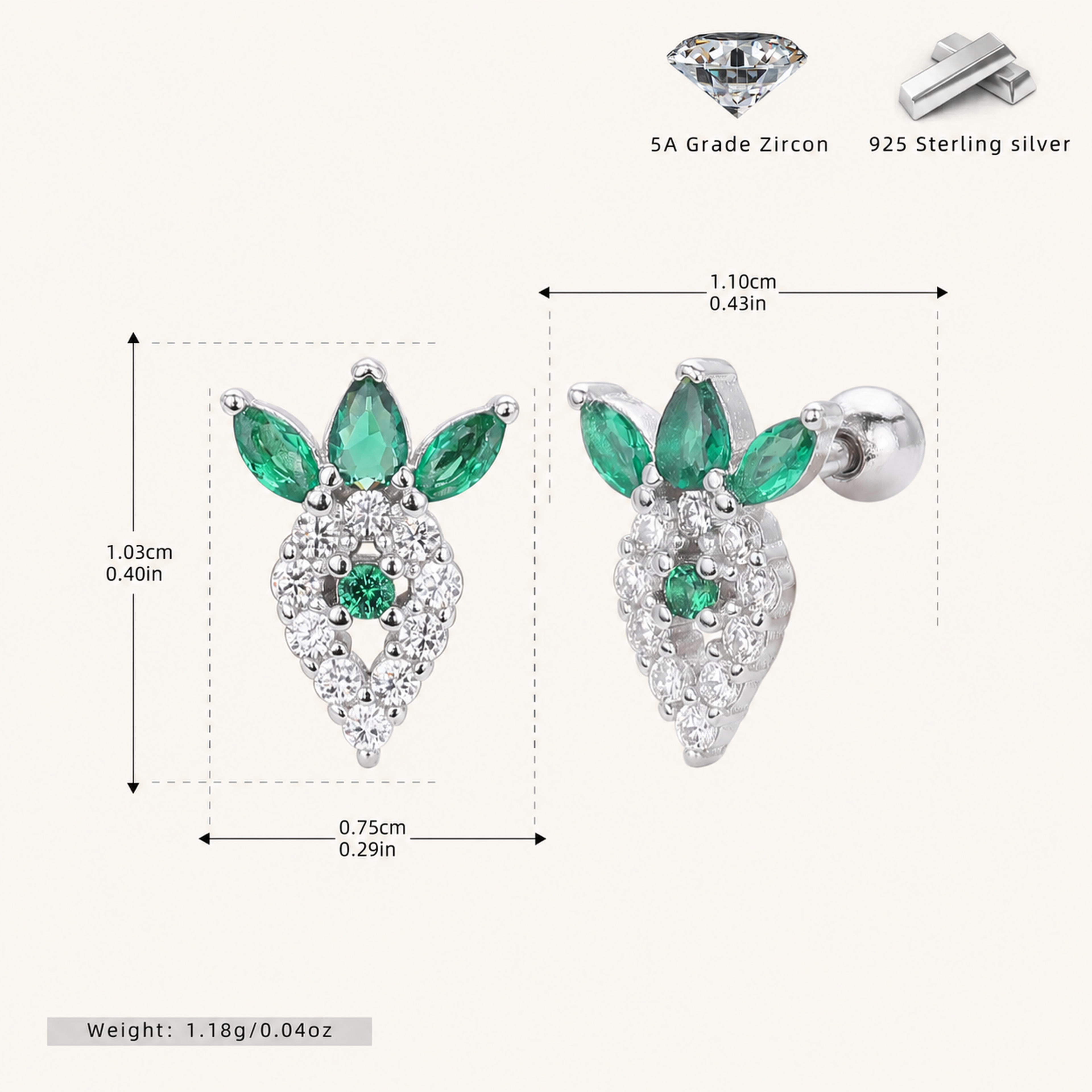 Sterling Silver Emerald-Green Zirconia Flat Back Earrings - Platinum