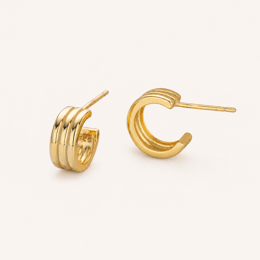 Sterling Silver Triple Layered C-Curve Stud Earrings detail