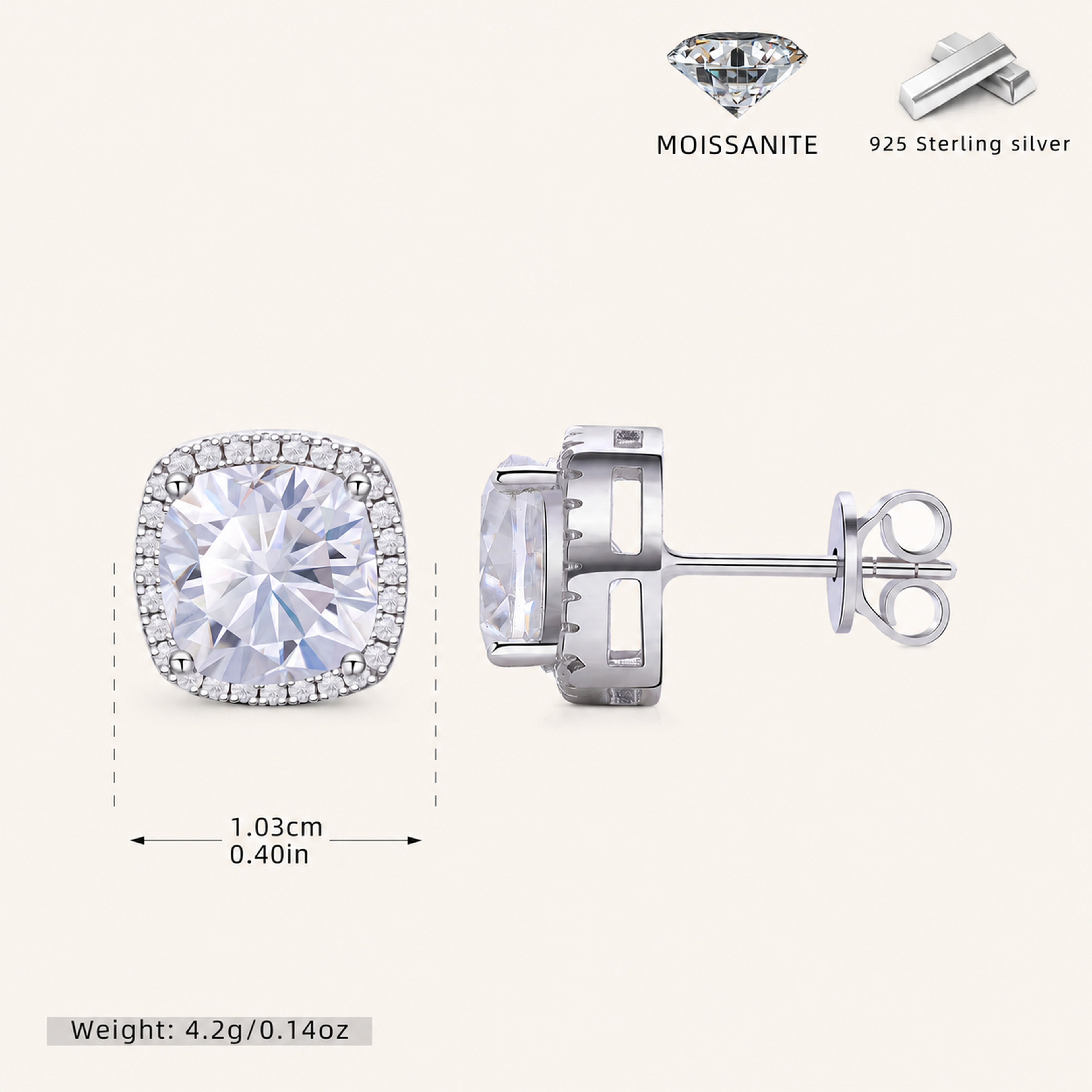 Sterling Silver Moissanite Solitaire Stud Earrings - Platinum