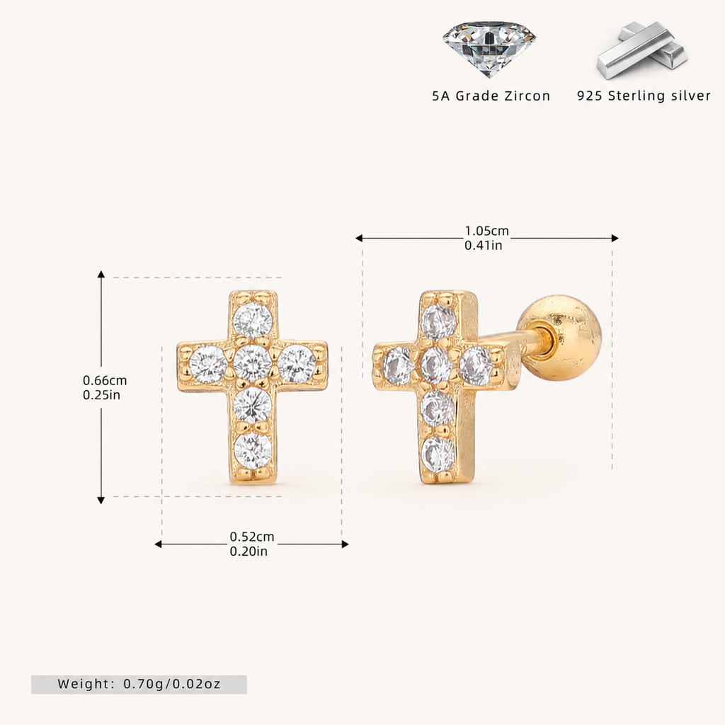 Sterling Silver Cross Zirconia Flat Back Earrings - Gold