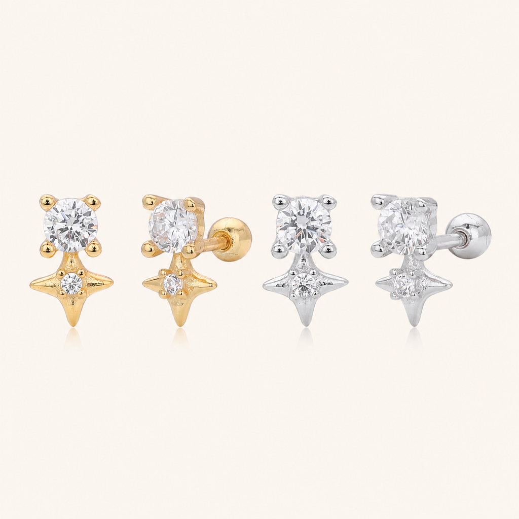Sterling Silver Four-Point Star Zirconia Flat Back Earrings