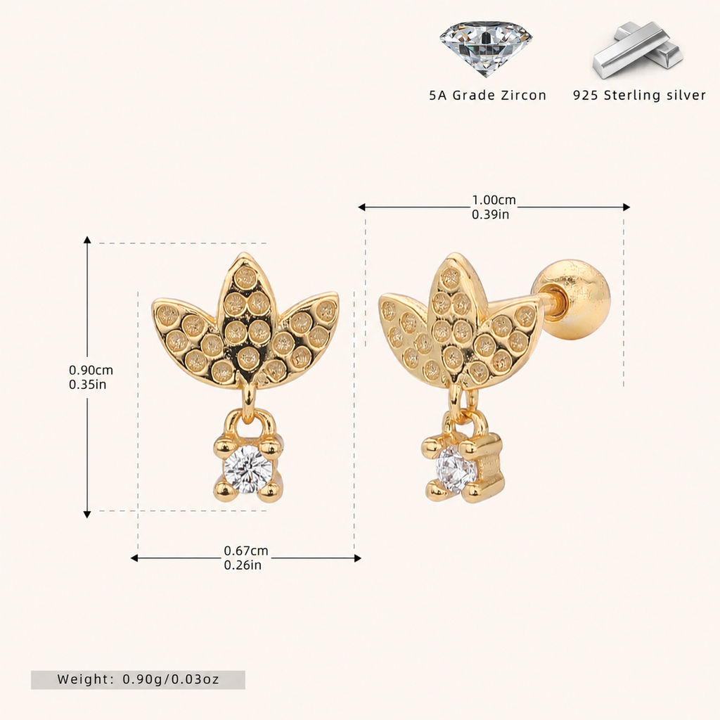 Sterling Silver Lotus Zirconia Flat Back Earrings - Gold