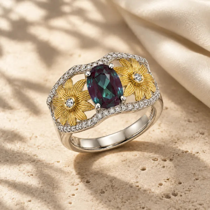 Sunbloom lab-grown alexandrite ring
