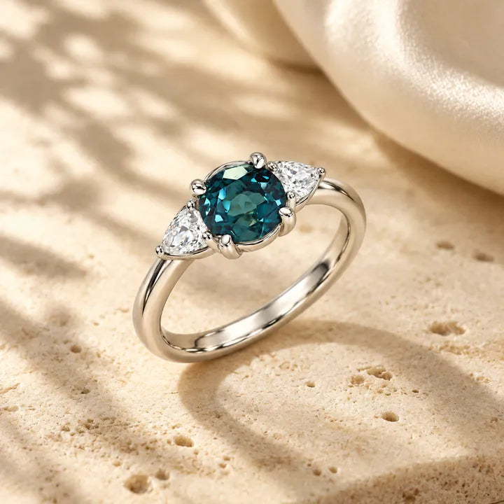 Triune lab-grown alexandrite ring